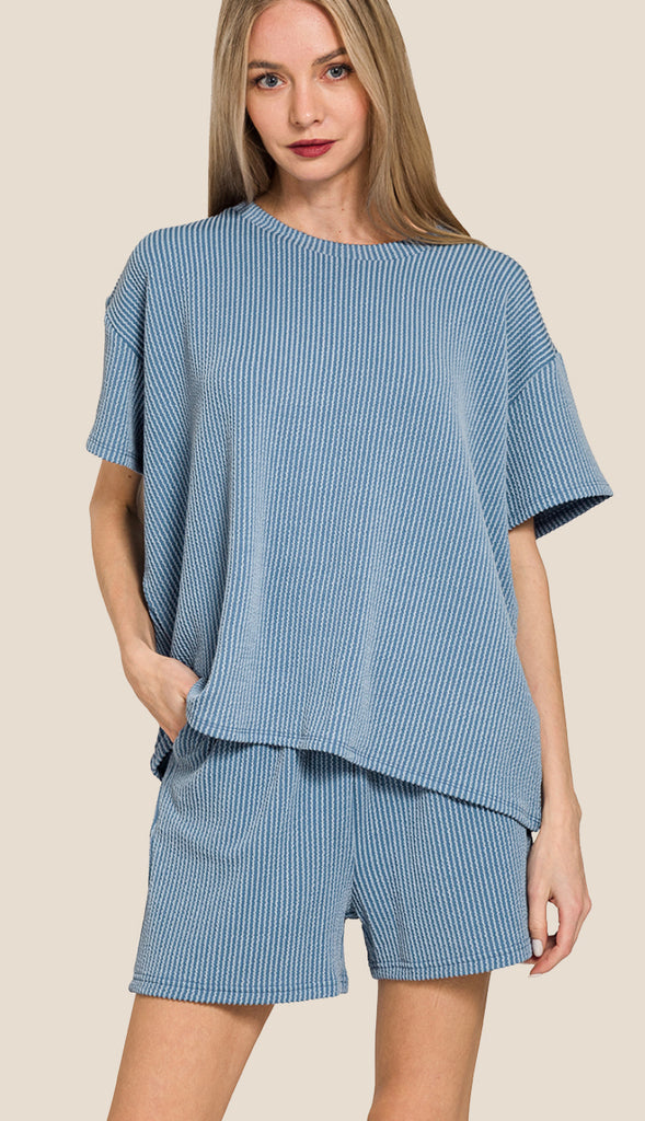 Everyday Girl Corded Ribbed Tee And Shorts Set- Dusty Blue
