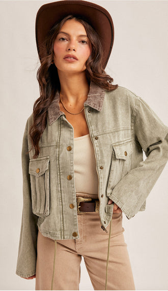 Lewis Corduroy Collar Contrast Twill Crop Jacket- Olive