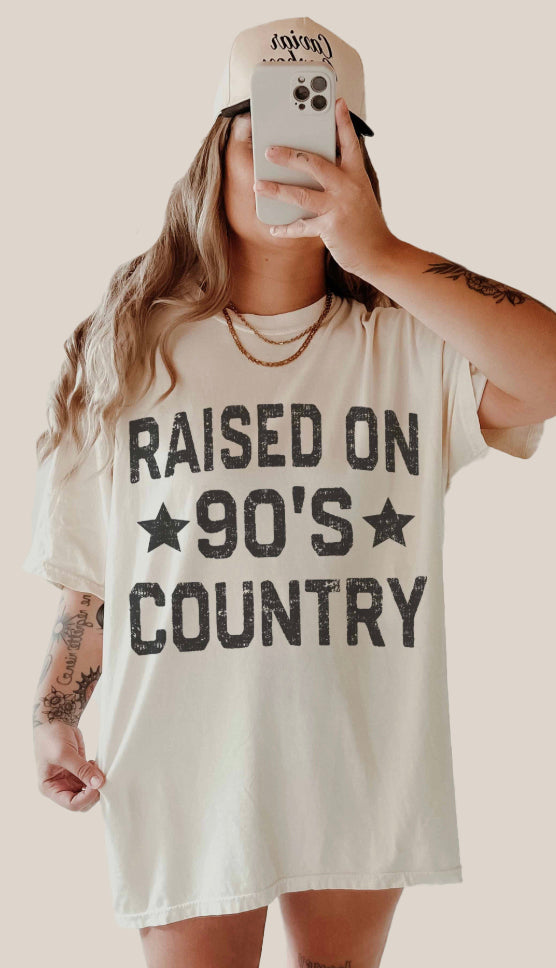 Raised On 90's Country Oversized Graphic Tee- Ivory