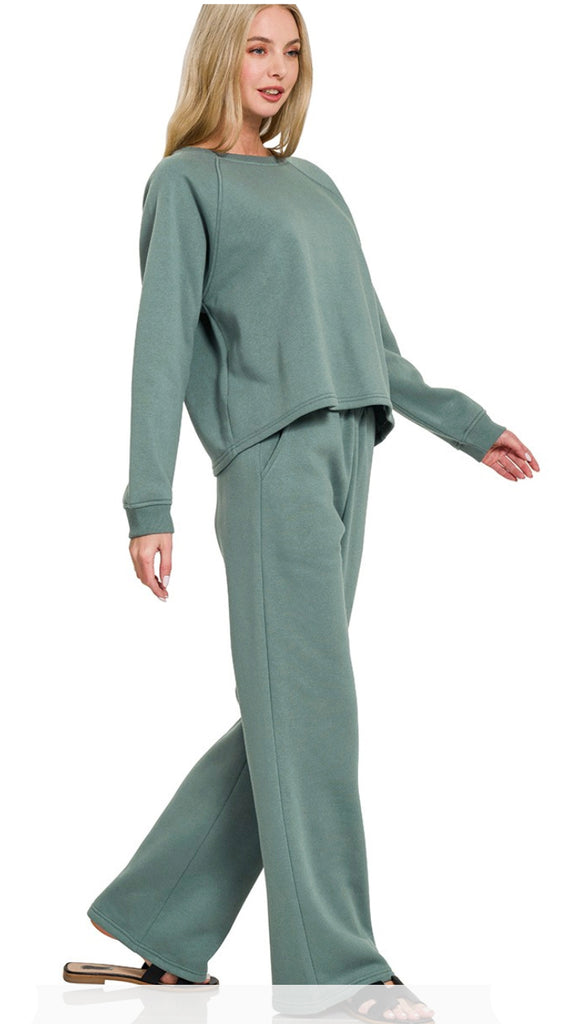 In My Cozy Era Fleece Pullover And Sweatpant Set- Dusty Blue