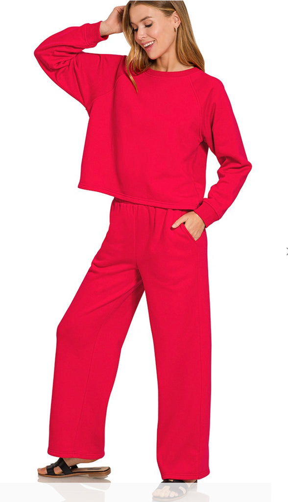 In My Cozy Era Fleece Pullover And Sweatpant Set- Ruby