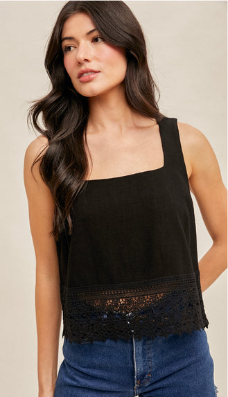 Kami Crochet Lace Trimmed Tank- Black