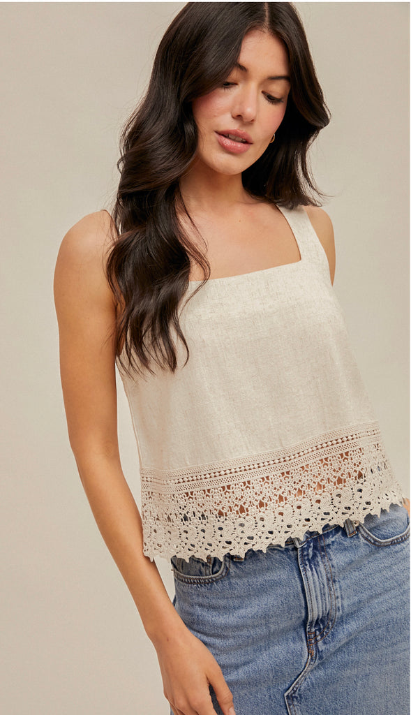 Kami Crochet Lace Trimed Tank- Oatmeal