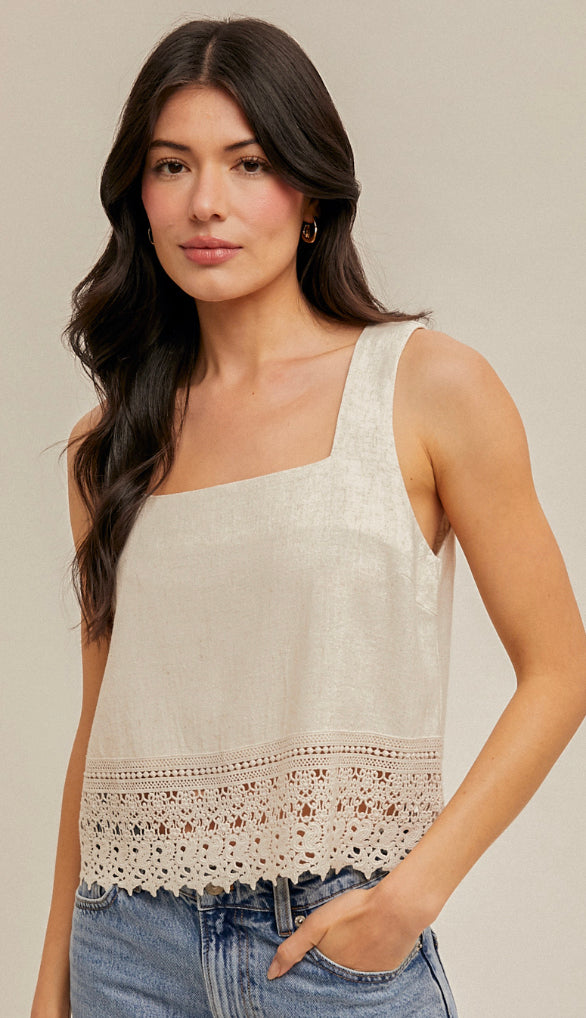 Kami Crochet Lace Trimed Tank- Oatmeal