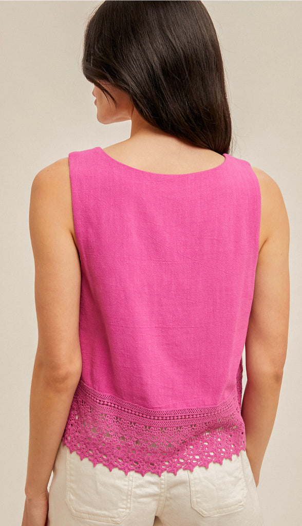 Kami Crochet Lace Trimed Tank- Oatmeal