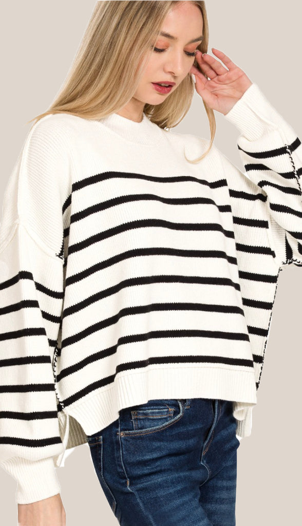 Rachel Exposed Seam Striped Sweater- Deep Camel