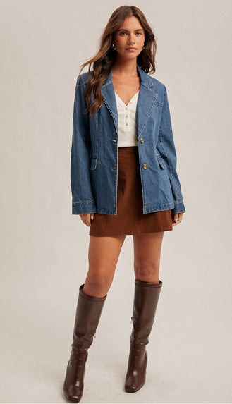 Denim Blazer Jacket- Washed Medium Denim
