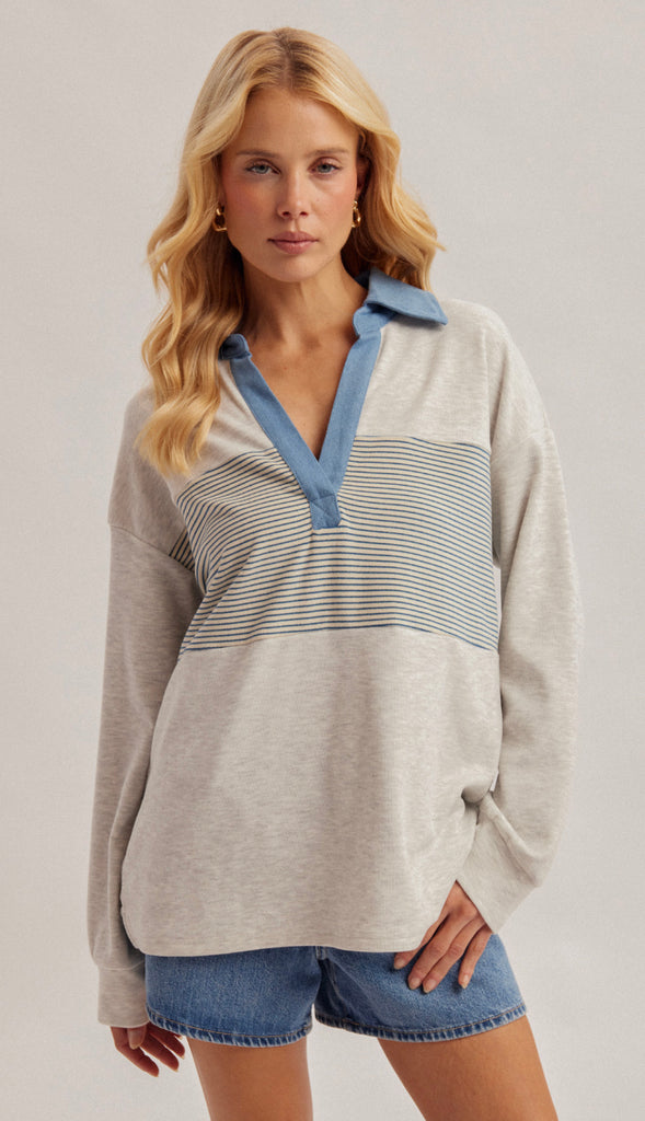 Cozy Azul Denim Contrast Fleece Pullover- Lt H. Grey