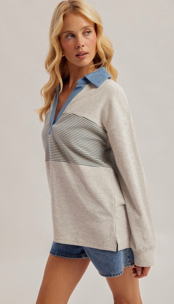 Cozy Azul Denim Contrast Fleece Pullover- Lt H. Grey