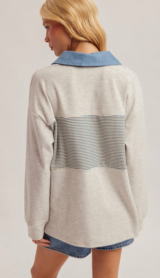 Cozy Azul Denim Contrast Fleece Pullover- Lt H. Grey