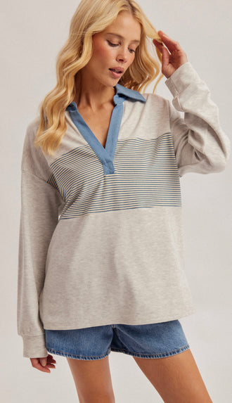 Cozy Azul Denim Contrast Fleece Pullover- Lt H. Grey