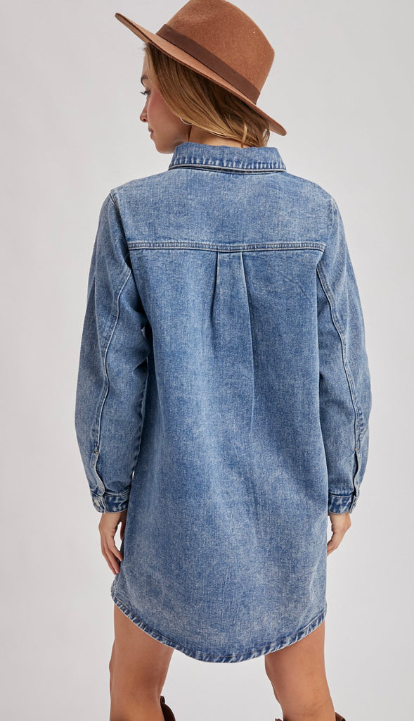 When In Tennessee Denim Button Down Dress- Washed Blue