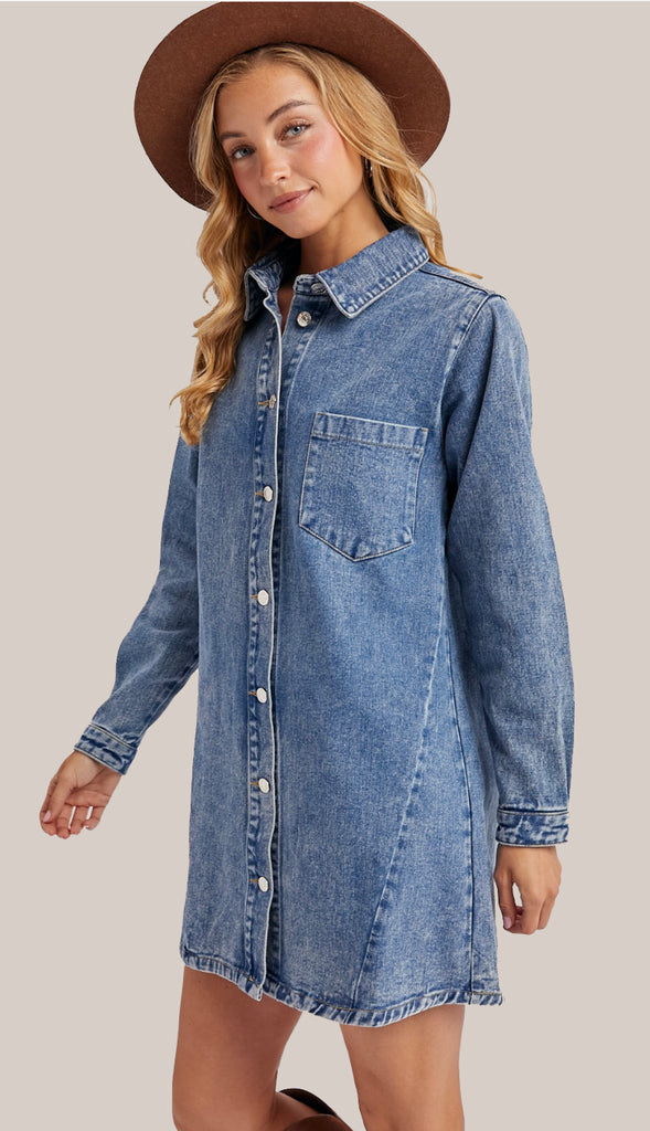 When In Tennessee Denim Button Down Dress- Washed Blue