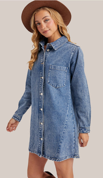 When In Tennessee Denim Button Down Dress- Washed Blue