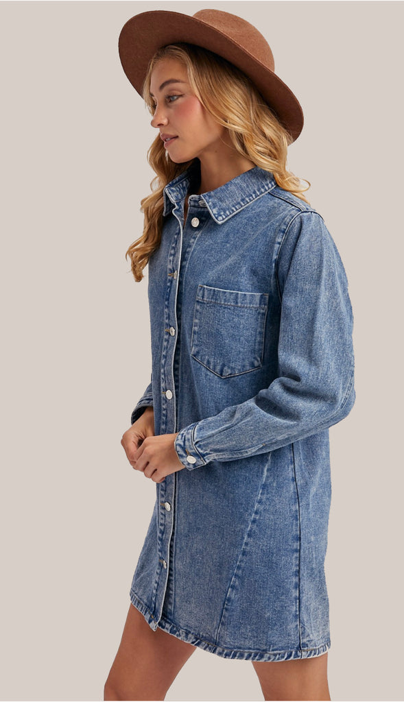 When In Tennessee Denim Button Down Dress- Washed Blue