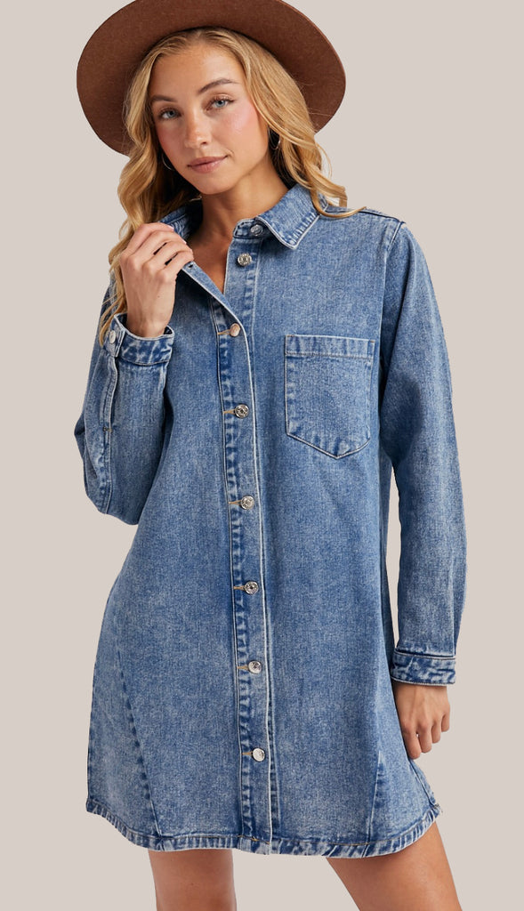 When In Tennessee Denim Button Down Dress- Washed Blue