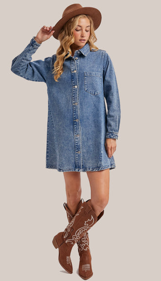 When In Tennessee Denim Button Down Dress- Washed Blue