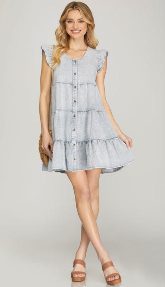 Lambert Ruffle Sleeve Button Dress- Denim