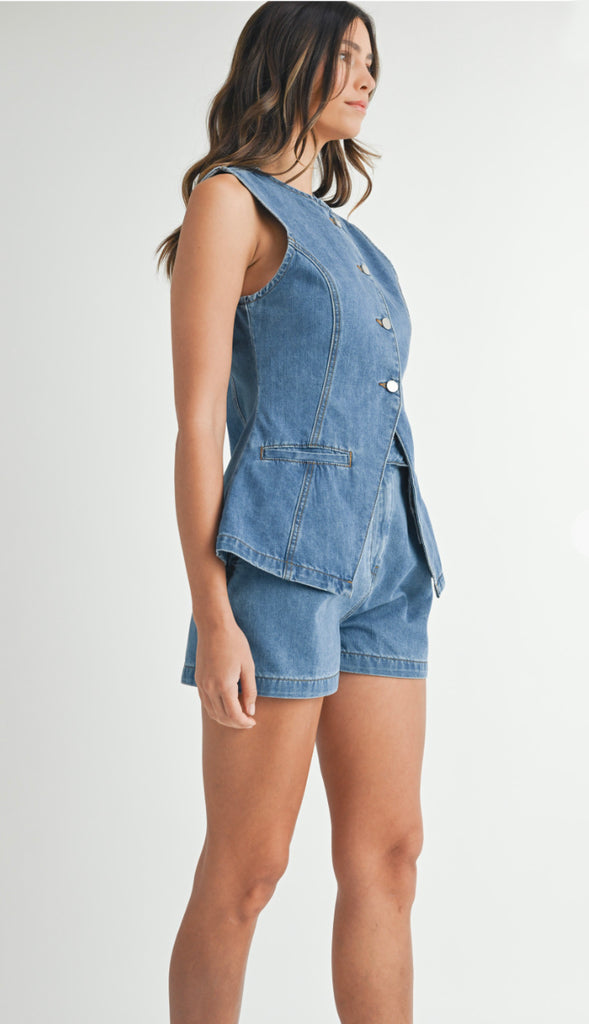 Denim Tailored Longline Vest- Medium Denim