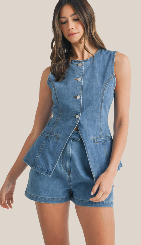 Denim Tailored Longline Vest- Medium Denim