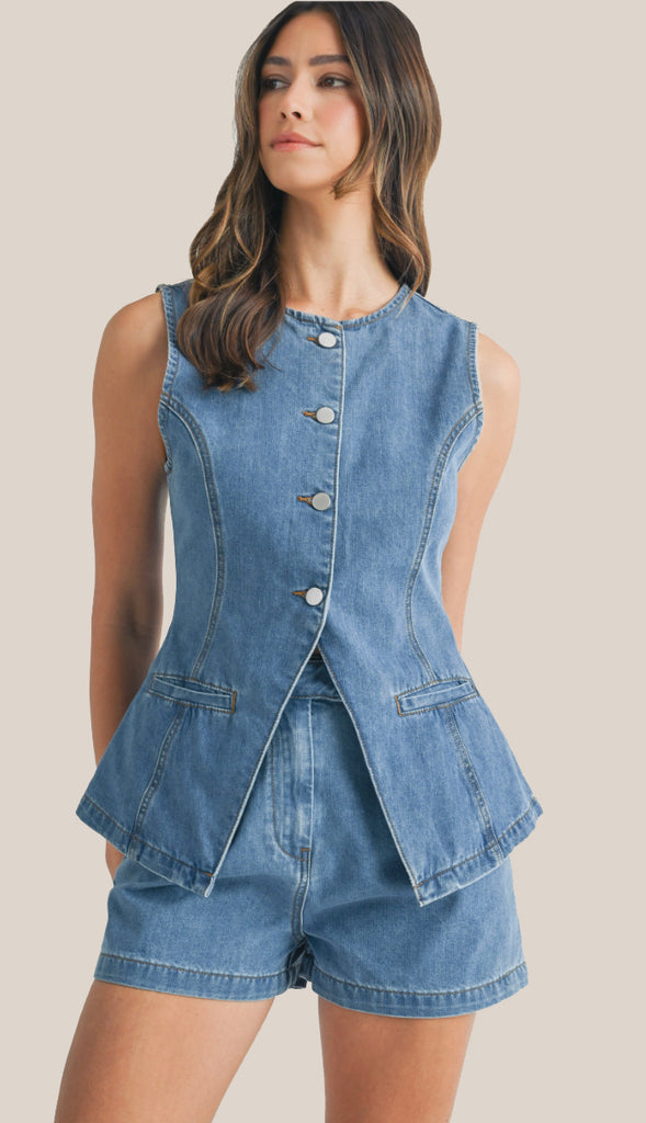Denim Tailored Longline Vest- Medium Denim