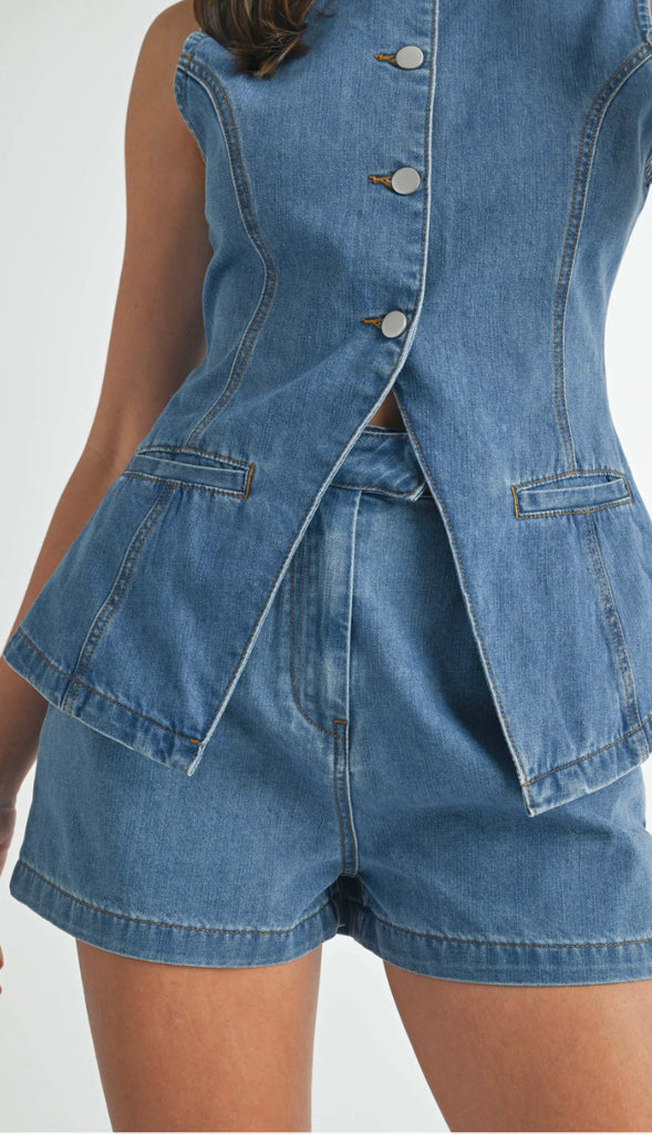 Denim Tailored Longline Vest- Medium Denim