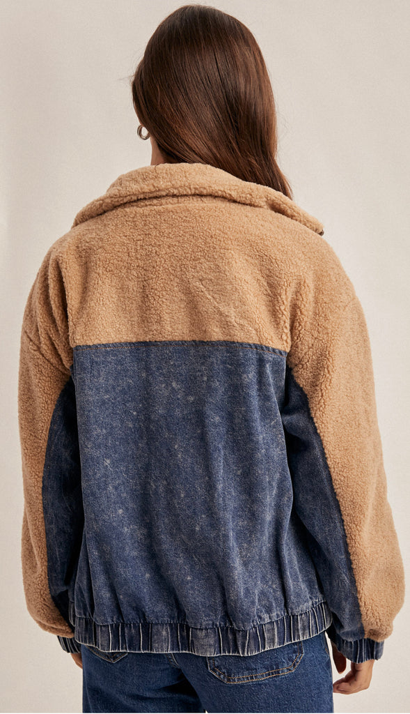 Teddy With Denim Zip Up Jacket- Dk. Denim