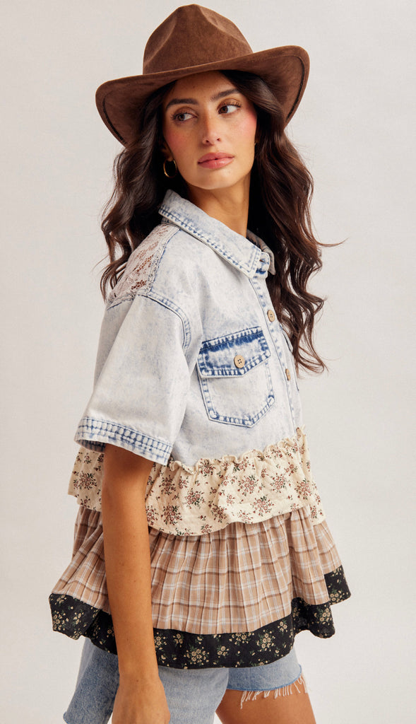 Dixie Darling Floral Frilled Denim Shirt- Denim Mix
