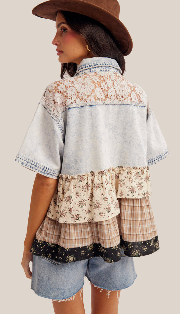 Dixie Darling Floral Frilled Denim Shirt- Denim Mix
