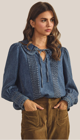 Jen Vintage Washed Denim Collar Top- Denim Blue