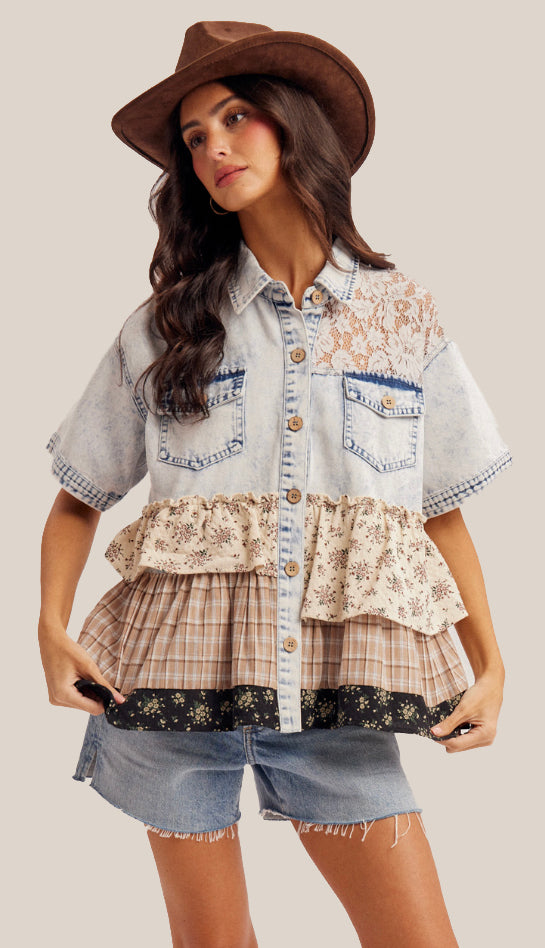 Dixie Darling Floral Frilled Denim Shirt- Denim Mix