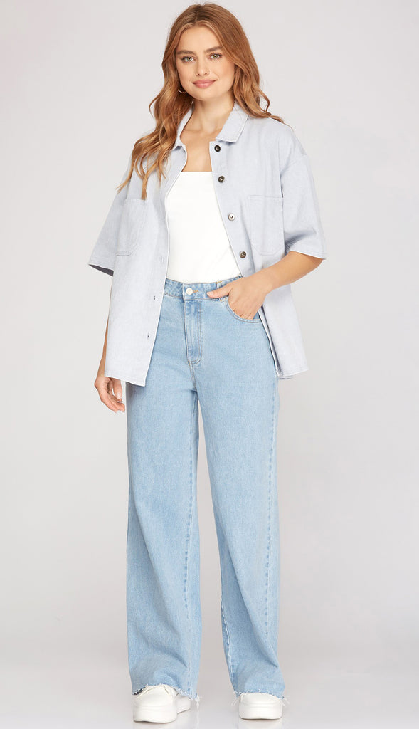 Hattie Oversized Half Sleeve Washed Denim Shirt- Lt Blue
