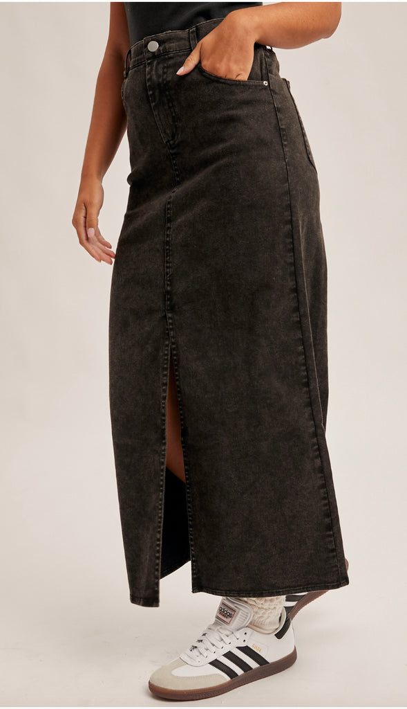 Kramer Elastic Waist Twill Maxi Skirt- Black