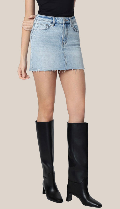 Vervet Mid Rise Clean Cut Raw Hem Denim Skirt- Light Wash