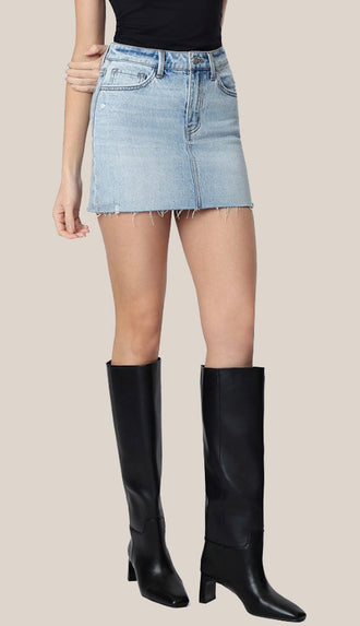 Vervet Mid Rise Clean Cut Raw Hem Denim Skirt- Light Wash
