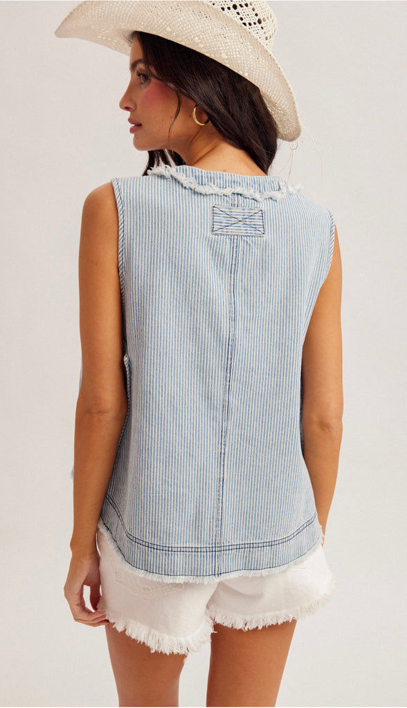 Riley Button Front Sleeveless Denim Shirt- Lt. Denim