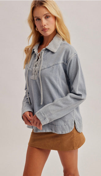 Alex Collared Neck Lace Up Denim Top- Denim