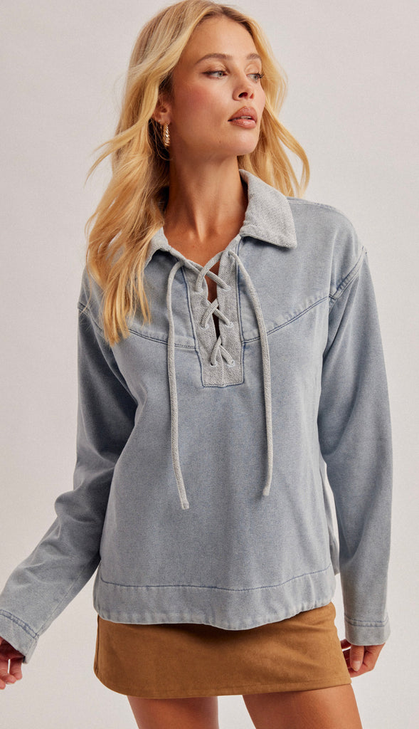 Alex Collared Neck Lace Up Denim Top- Denim