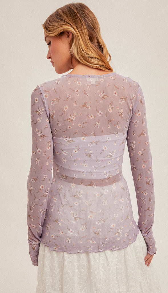 Spring On Floral Mesh Top- Lavender