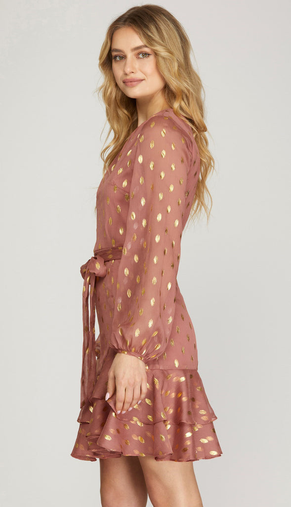 Gold Dot Chiffon Dress - Dusty Rose