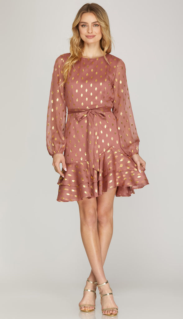 Gold Dot Chiffon Dress - Dusty Rose