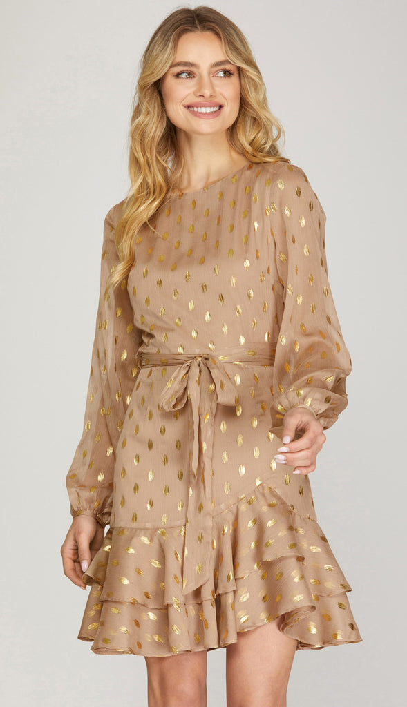 Gold Dot Chiffon Dress - Dusty Rose