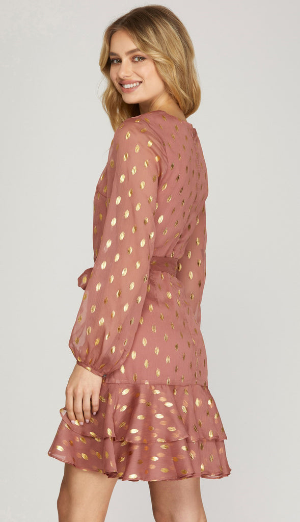 Gold Dot Chiffon Dress - Dusty Rose