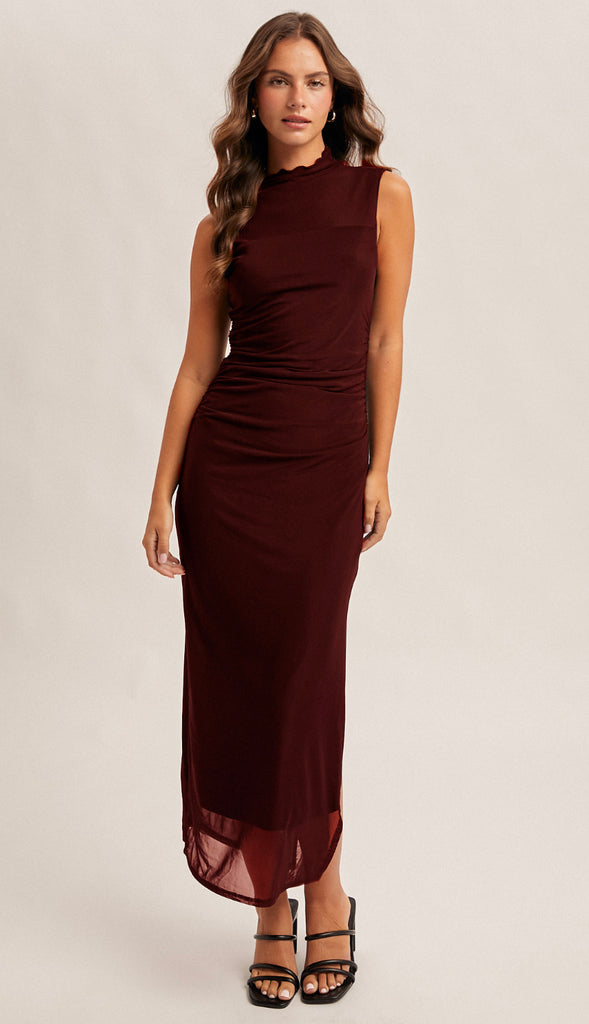 Romantics Mock Neck Ruched Mesh Midi Dress- Wine