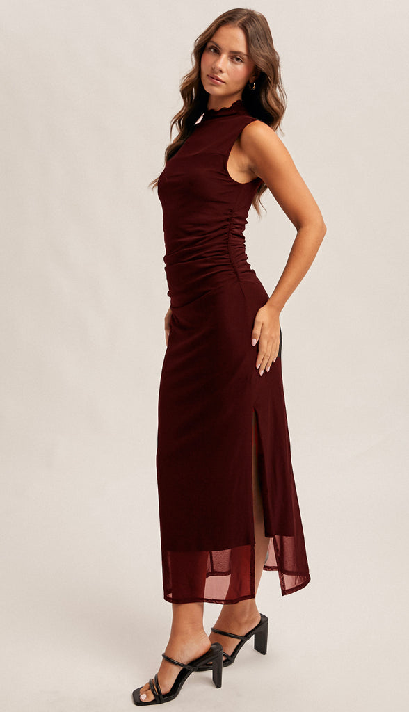 Romantics Mock Neck Ruched Mesh Midi Dress- Wine