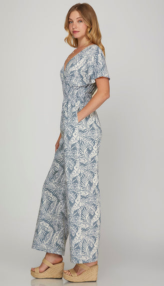 Destin Short Sleeve Printed Jumpsuit- Blue Grey