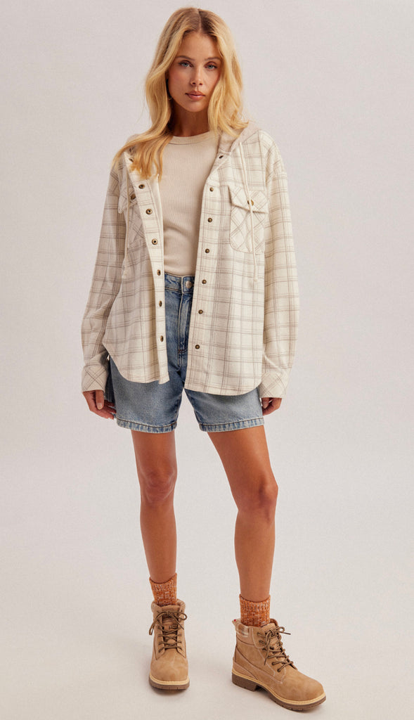 Neutral Ground Soft Brush Texture Check Plaid Hooded Shacket- Ecru