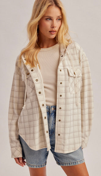 Neutral Ground Soft Brush Texture Check Plaid Hooded Shacket- Ecru
