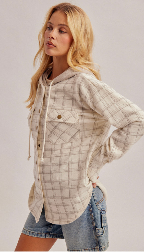 Neutral Ground Soft Brush Texture Check Plaid Hooded Shacket- Ecru