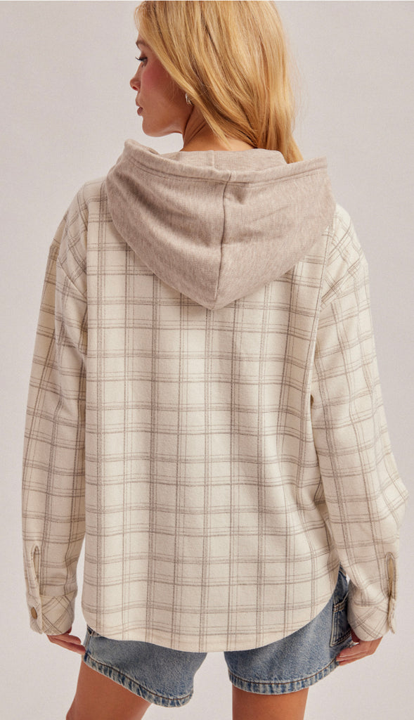 Neutral Ground Soft Brush Texture Check Plaid Hooded Shacket- Ecru